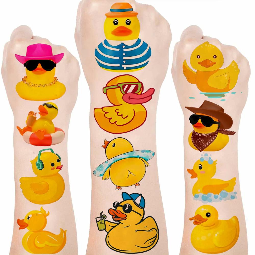 Jouets de bain  | 24 Feuilles (144 Pcs) Tatouages Temporaires Canard en Caoutchouc Favoris de Fête d’Anniversaire Décorations Fournitures Autocollants de Canard Mignons Pour Enfants Filles Garçons Cadeaux Prix Scolaires Sacs de Bonbons