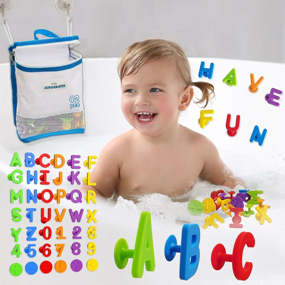 Jouets de bain  | Alphabath Jouets de Bain à Ventouse Lettres de l’Alphabet et Chiffres 42 Pièces Montessori Stimulant Autisme Sensoriel Sans Moisissure Gratuit École Maternelle Crèche Épellage Mathématiques Apprendre Construire Connecter Voyager Enfants Tout-Petits Âges 1 2 3 Ans