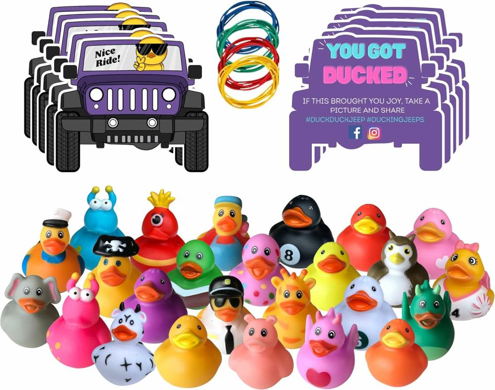 Jouets de bain  | Canards pour Jeep Ducking – Kit complet pour canards de Jeep avec 25 canards pour Jeeps, 25 étiquettes Ducking et 25 bandes – Canards en caoutchouc pour Jeeps avec des designs uniques – Canards en caoutchouc pour le jeu de Ducking de Jeep