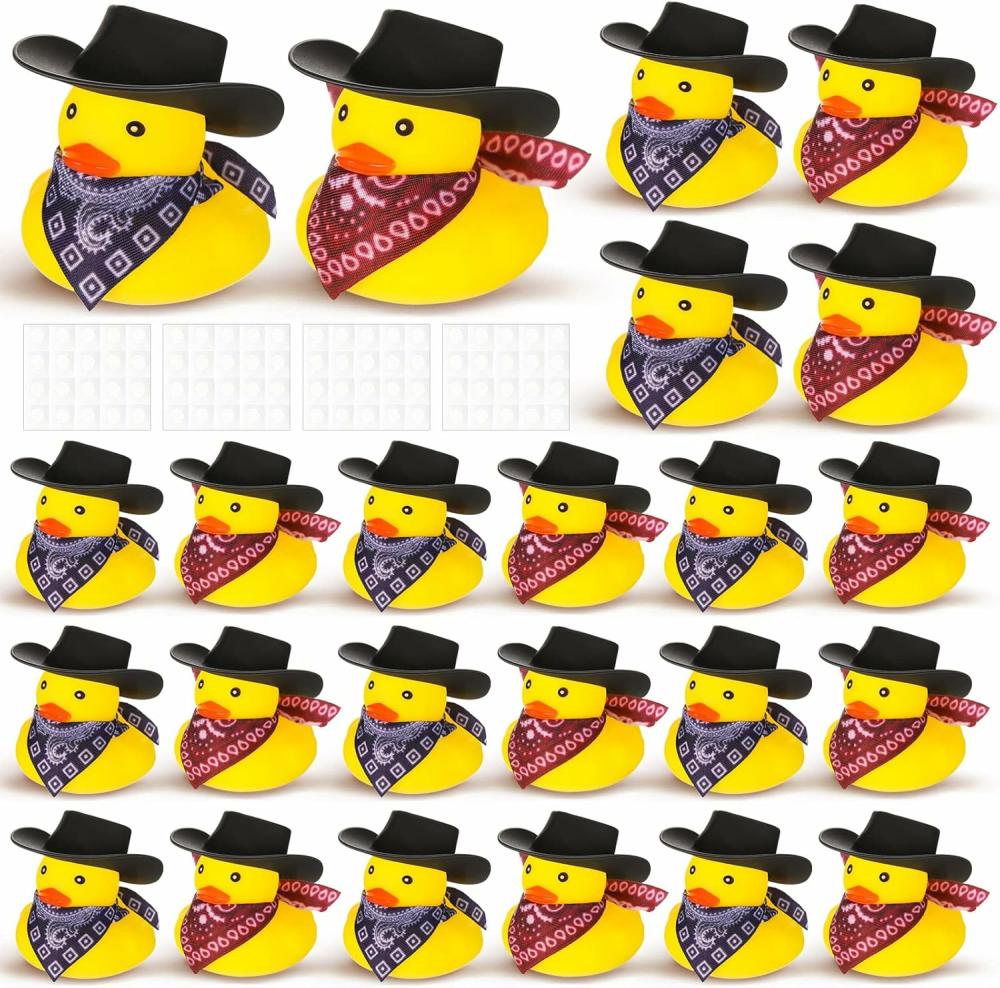 Jouets de bain  | Ensemble de 24 canards en caoutchouc cow-boy avec chapeau et écharpe – Mini canards en caoutchouc pour la baignade, jouets de fête, jouets pour baignoire, jouets de douche, cadeaux d’anniversaire pour une fête de natation – 2 styles (noir)