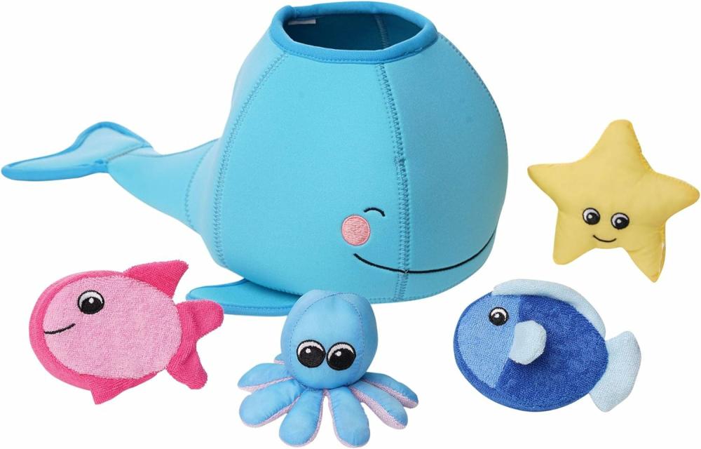 Jouets de bain  | Jouet de bain flottant Neoprene Whale en 5 pièces avec éponges à séchage rapide et jouet à jet.