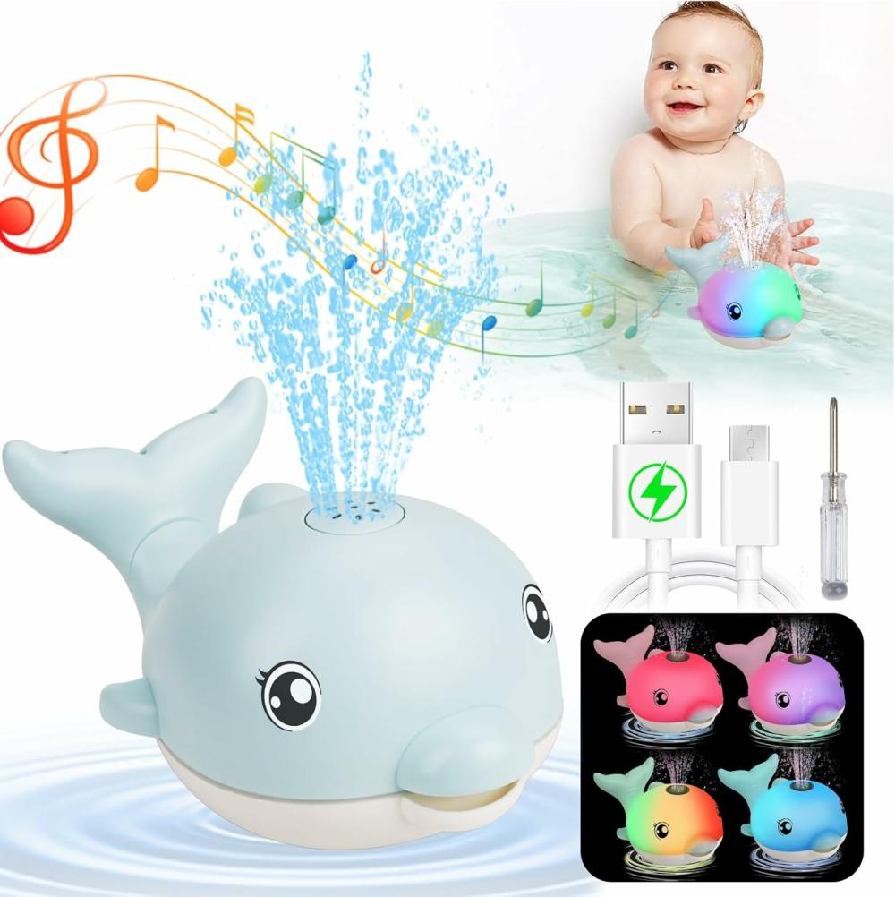 Jouets de bain  | Jouets de bain améliorés 2024 – Jouets de bain rechargeables pour bébés – Jouets musicaux lumineux avec pulvérisation d’eau en forme de dauphin – Pour les enfants de 6 à 12 mois et de 12 à 18 mois – Jouets de baignoire avec arroseur pour piscine, adaptés aux tout-petits de 1 à 3 ans et de 2 à 4 ans – Pour garçons et filles – Couleur bleue.