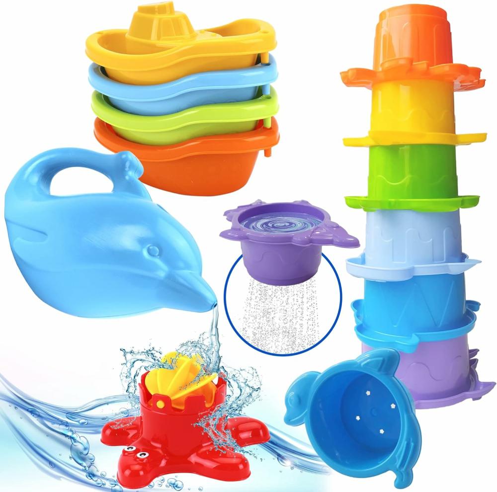 Jouets de bain  | Jouets de bain pour bébés – 12 tasses empilables arc-en-ciel avec bateaux de bain, train et arrosoir pour tout-petits – Jouets de bain en plastique empilables – Jouets de bain en formes d’animaux marins pour filles et garçons