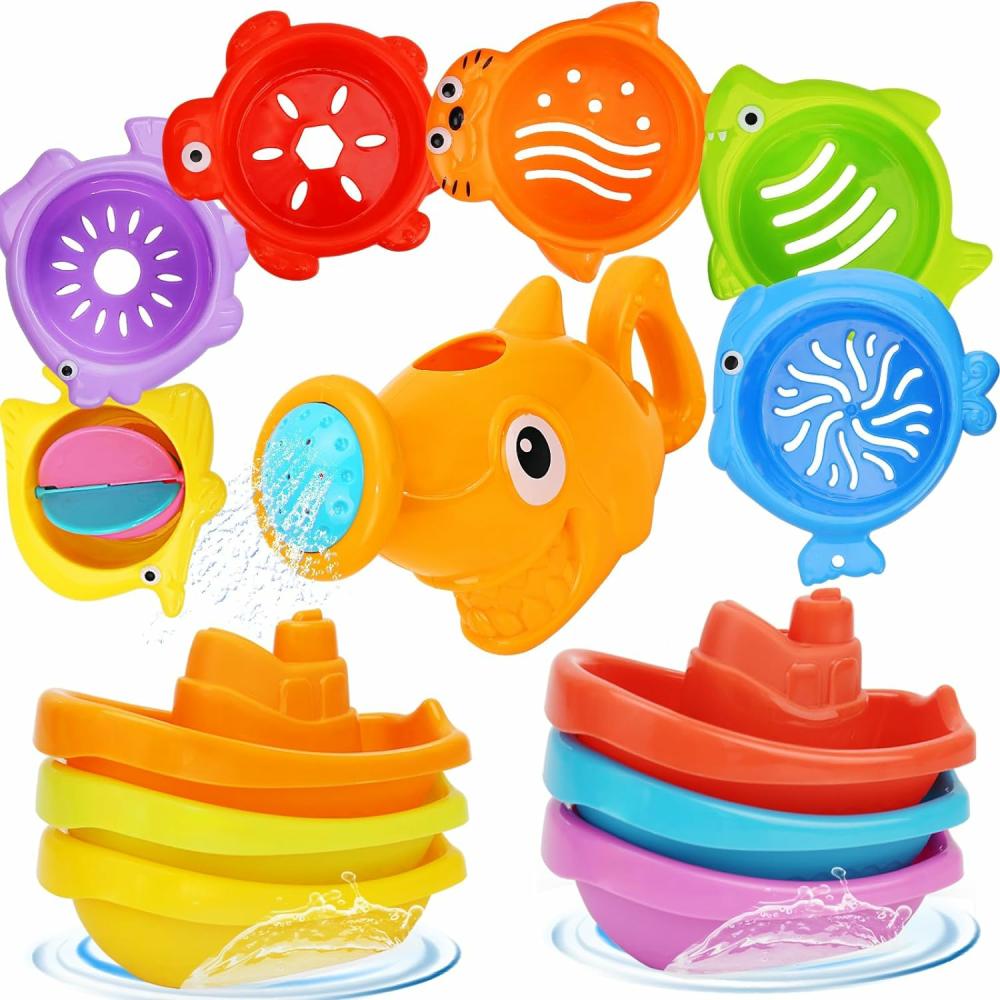 Jouets de bain  | Jouets de bain pour bébés | 13 pièces de jouets aquatiques pour tout-petits | Jouets de baignoire pour nourrissons avec 1 douche requin | 6 bateaux jouets et 6 gobelets de bain pour bébés | Jouets de bain pour bébés de 6 à 12 mois