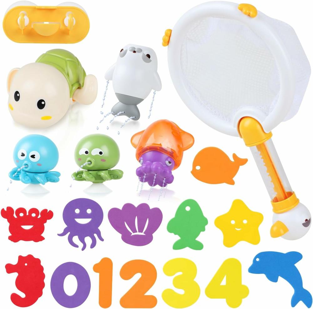 Jouets de bain  | Jouets de bain pour enfants de 1 à 3 ans – Jouets de piscine pour bébés sans moisissure pour tout-petits avec filet de pêche 2-en-1, animaux flottants pulvérisateurs d’eau et jouet en mousse, tortue de baignoire à remonter, jouets aquatiques, cadeau de set de 20 pièces.