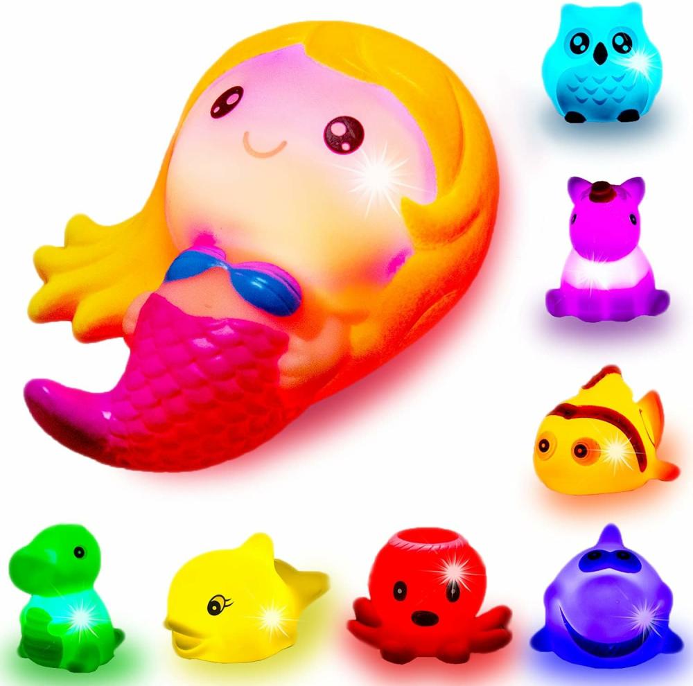 Jouets de bain  | Jouets de Bain pour Tout-Petits – Pack de 8 Jouets Lumineux pour Bébé – Jouets de Bain Clignotants avec Lumières LED Colorées pour le Douche et le Bain des Enfants – Requin, Poisson Clown, Hibou, Licorne, Pieuvre, Dauphin, Dinosaure, Sirène.