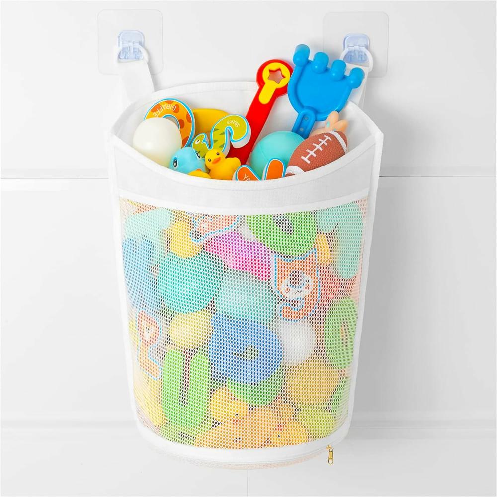 Jouets de bain  | Organisateur de jouets de bain en maille pour bébé à grande capacité – Plusieurs façons de suspendre – Rangement de jouets de bain à ouverture extra large – Sac de rangement pour jouets de bain avec fermeture éclair en bas – Accessoire de baignoire pour jeux de bébé (Blanc)