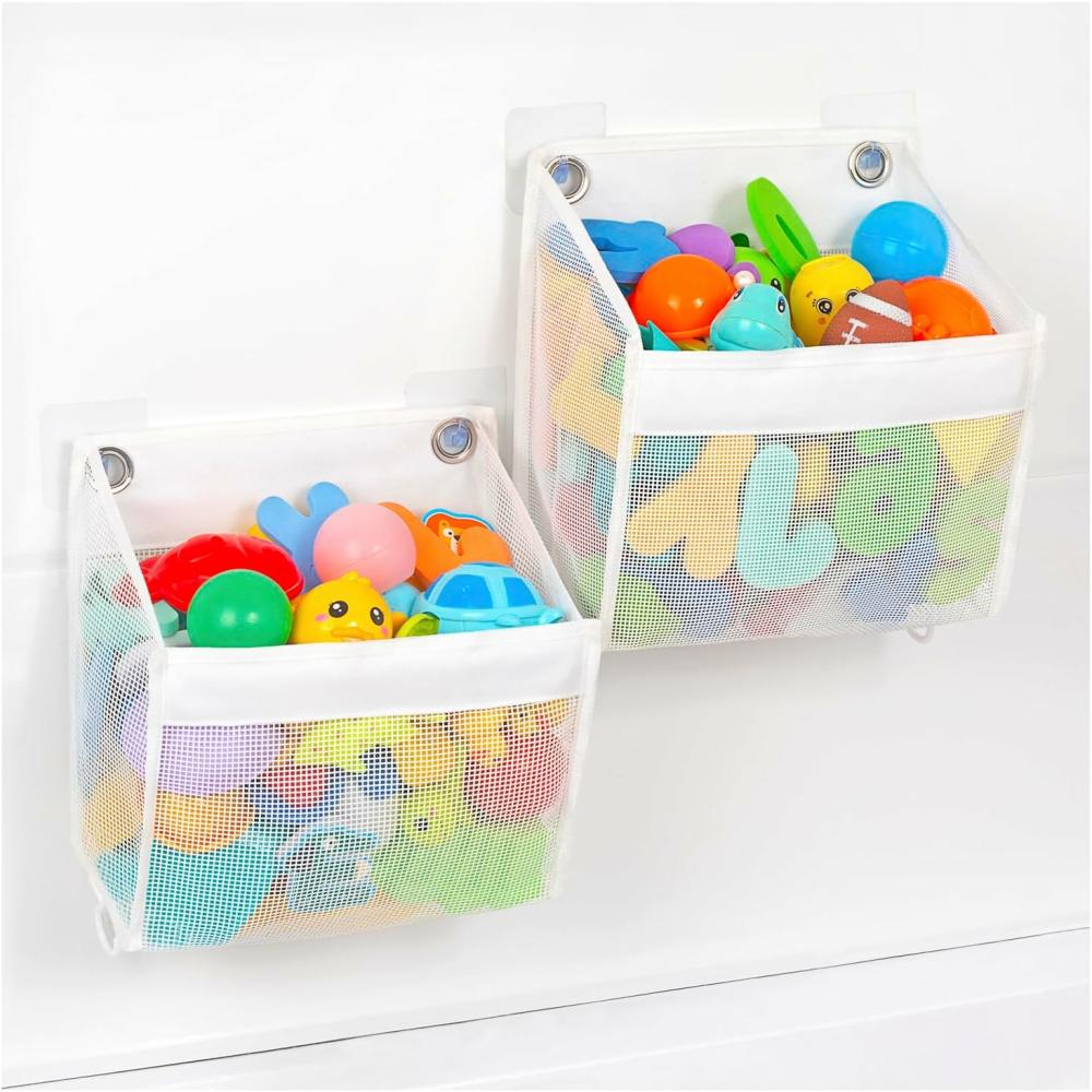 Jouets de bain  | Organisateur de jouets de bain en maille pour bébé – combinaison gratuite, capacité 2X et grande ouverture pour le rangement des jouets de bain, cadeau de bain pour bébé, support de jouets de bain, ensemble de salle de bain pour enfants, temps de bain Grand Prix (Blanc)