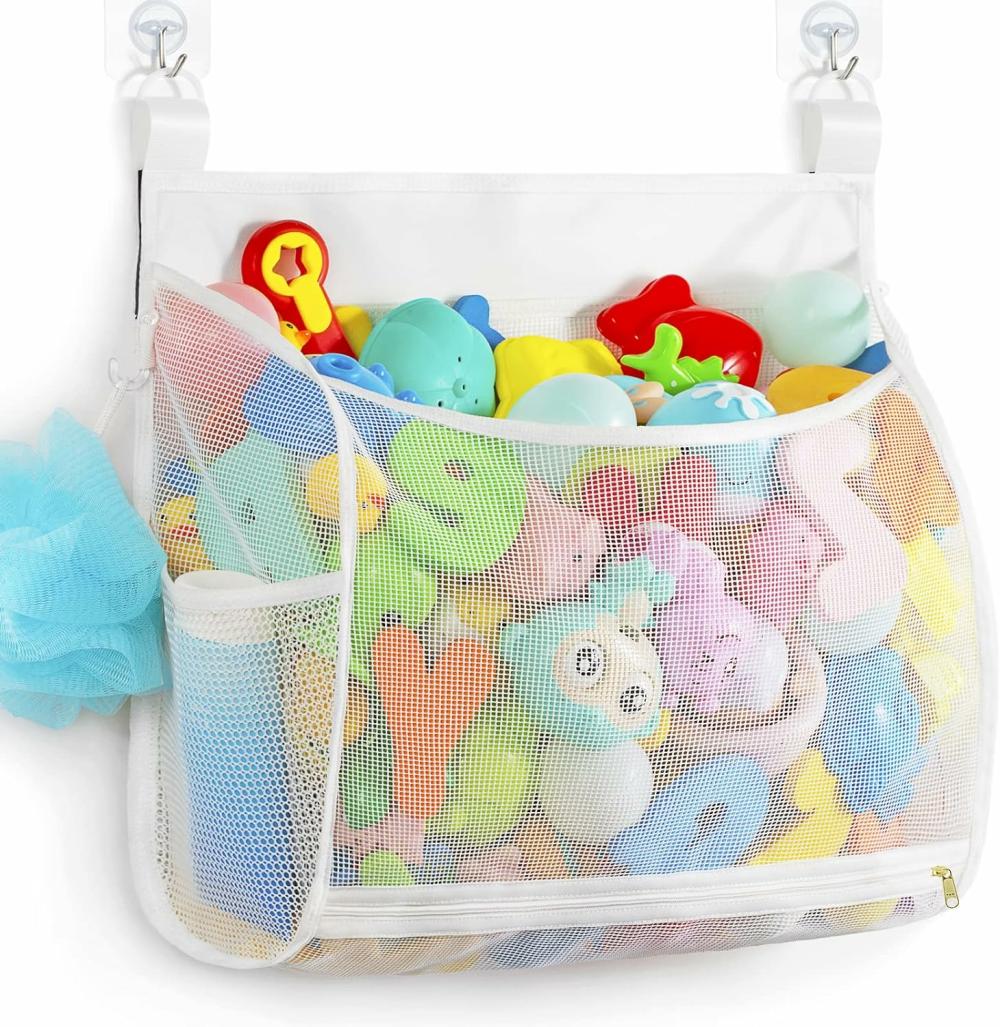 Jouets de bain  | Organisateur de jouets de bain en maille pour bébé – Plusieurs façons de suspendre – Capacité ultra grande et grande ouverture – Support de jouets de bain – Sac de rangement pour jouets de bain avec 2 poches latérales (Grand blanc)