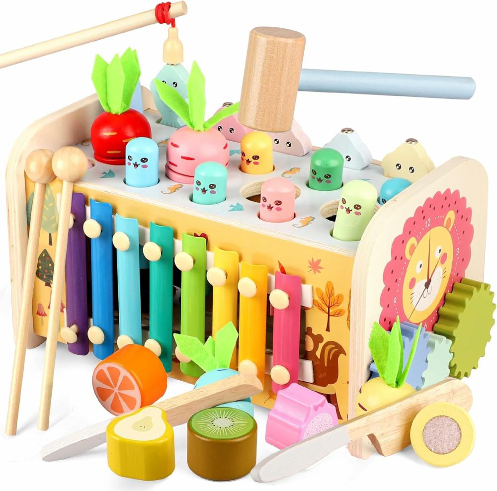 Jouets de martelage et de frappe  | 9 en 1 Jouets Montessori pour Enfants de 1 an – Jouet en Bois de Martelage et de Frappe – Jeu de Frappe de Taupe pour Tout-Petits avec Xylophone – Activités pour Bébé de 1, 2, 3 ans – Cadeau d’Anniversaire pour Fille ou Garçon