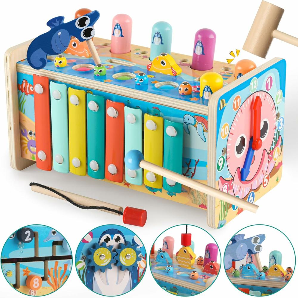 Jouets de martelage et de frappe  | Jouet en bois 7 en 1 avec marteau et frappe, jouets Montessori pour enfants de 3 ans, jouets sensoriels avec xylophone et jeu de pêche pour tout-petits de 1 à 3 ans, jouets éducatifs pour activités d’enfants, cadeau idéal.