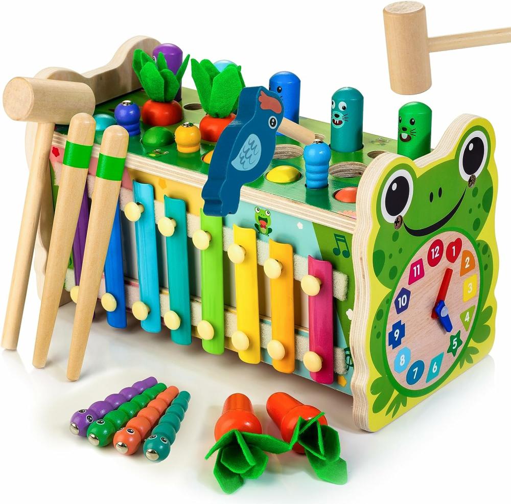 Jouets de martelage et de frappe  | Jouets Montessori en bois 6 en 1 pour enfants de 1 an – Jeu de marteau « Tape-tape » avec xylophone, pic vert, jeu de récolte de carottes – Activités éducatives pour tout-petits, cadeau pour les 1 à 4 ans.