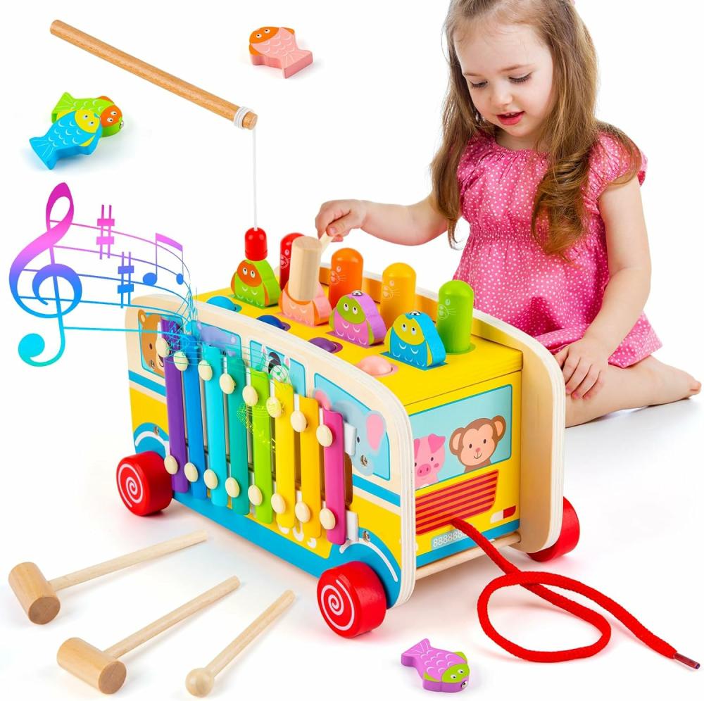 Jouets de martelage et de frappe  | Jouets Montessori en bois pour enfants de 1 an – Jouets de martelage et de frappe avec jeu de pêche « Tape-moi » et xylophone – Jouets éducatifs d’apprentissage préscolaire pour enfants de 1 à 3 ans – Cadeau de Noël ou d’anniversaire.