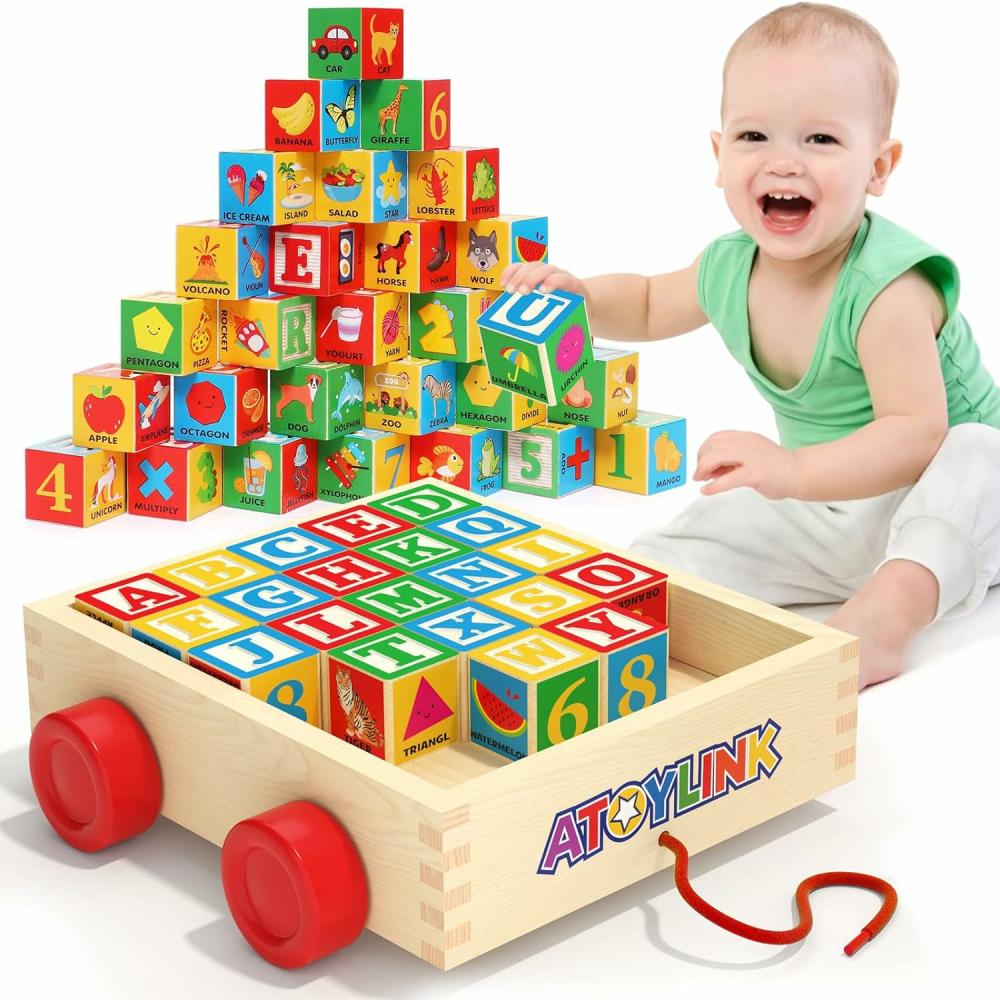 Jouets de tri et d’empilage  | 30 Pcs Blocs de Construction en Bois ABC pour Tout-Petits – Jouets de Stacking X-Large avec Alphabet et Chiffres, Voiture de Rangement à Tirer, Jouets Montessori d’Apprentissage et d’Éducation pour Garçons et Filles – Idées de Cadeaux