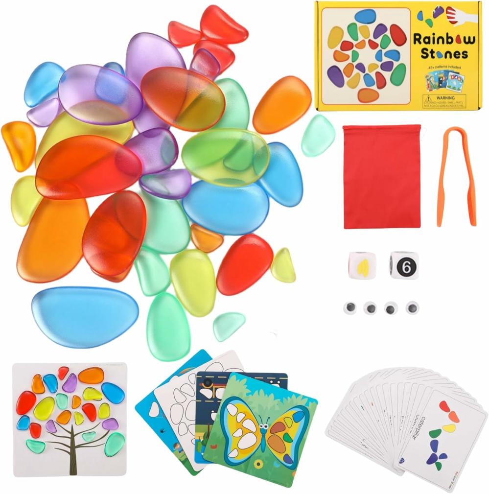 Jouets de tri et d’empilage  | 36 pièces de galets translucides arc-en-ciel, pierres arc-en-ciel, manipulables pour table lumineuse en maternelle, accessoires pour table lumineuse, comprend 24 cartes d’activités.