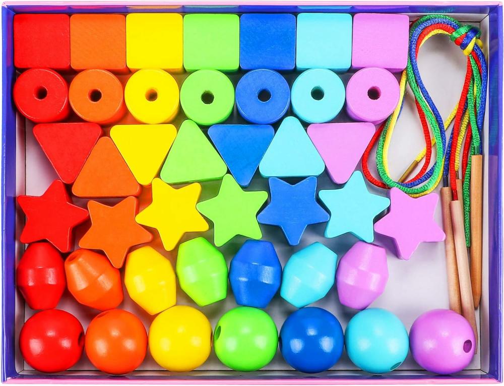 Jouets de tri et d’empilage  | 42 pièces de perles à lacer jouets Montessori pour tout-petits, perles en bois pour enfiler, jouet arc-en-ciel pour le filage, jouet éducatif pour la maternelle, compétences motrices fines, pour enfants de 3 à 8 ans, garçons et filles.