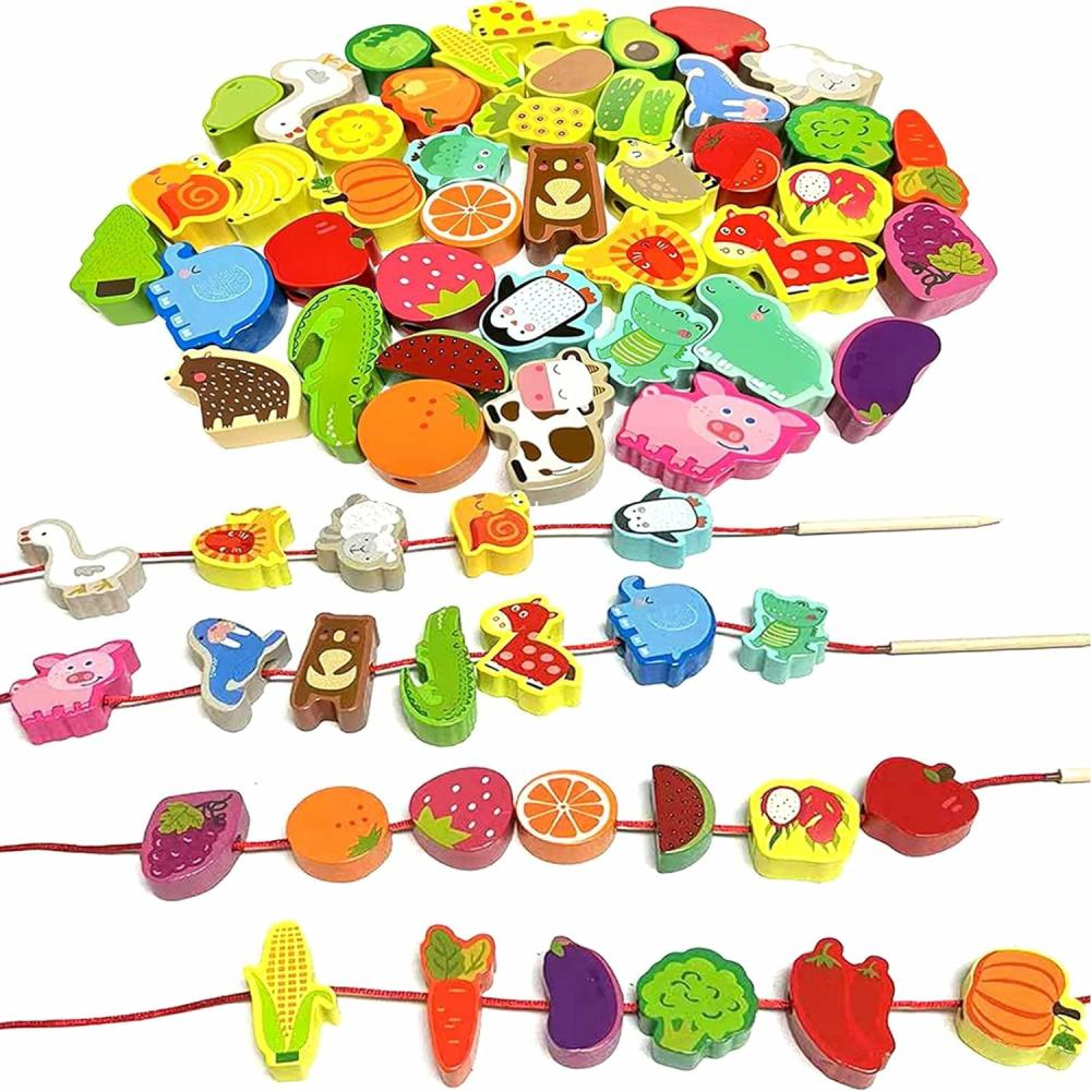 Jouets de tri et d’empilage  | 46 Pcs Jouets en Bois Montessori avec Perles à Enfiler pour Tout-Petits, Animaux, Fruits et Perles de Ferme à Enfiler Éducatifs, Jouets d’Apprentissage pour Enfants de 3 à 6 Ans, Garçons et Filles.