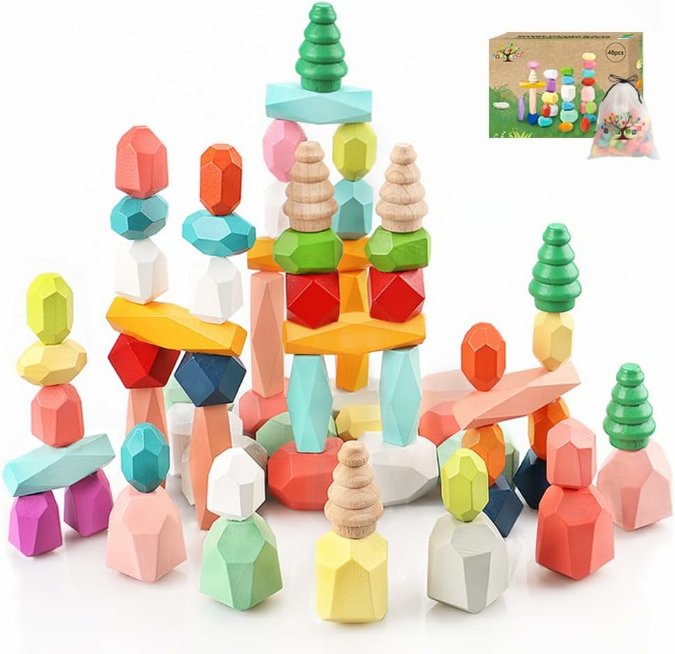 Jouets de tri et d’empilage  | 48 pièces de blocs de construction en bois empilables – Jouets Montessori pour filles et garçons de 1 à 6 ans – Jouets éducatifs sensoriels pour tout-petits de 1 à 3 ans – Jouets d’apprentissage STEM pour enfants de 2 à 4 ans – Jeux pour enfants – Idée de cadeau