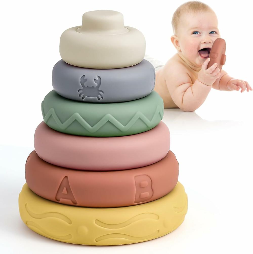 Jouets de tri et d’empilage  | 6 pièces de jouets empilables et emboîtables en forme de cercle, anneaux de construction doux à empiler et à mordiller, jeu de compression avec tour d’empilage éducatif précoce, meilleur cadeau pour les garçons et les filles de 6 mois et plus.