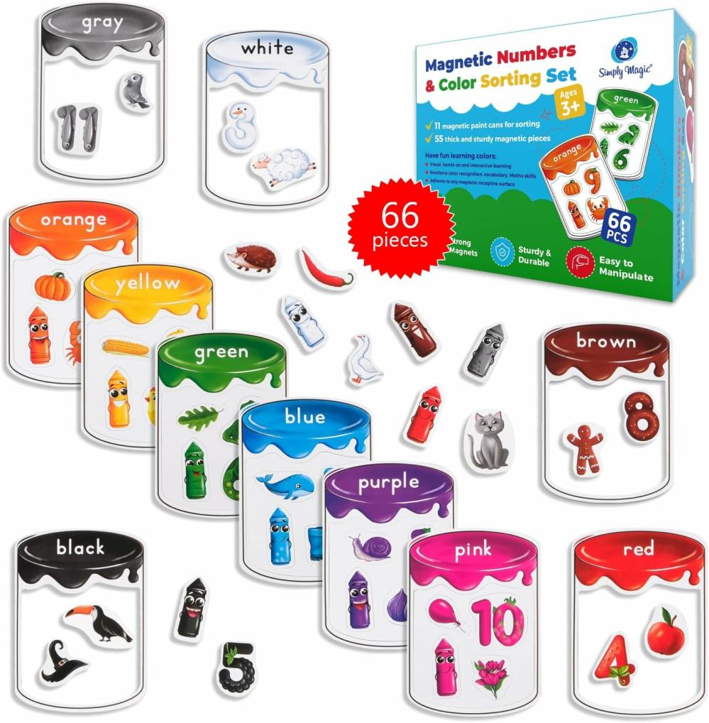 Jouets de tri et d’empilage  | 66 pièces de jeu de tri de couleurs magnétiques – Jouets de tri de nombres et de couleurs pour tout-petits – Aimants de tri de couleurs et de nombres pour réfrigérateur et tableau blanc – Ensemble de tri magnétique pour la reconnaissance des couleurs.