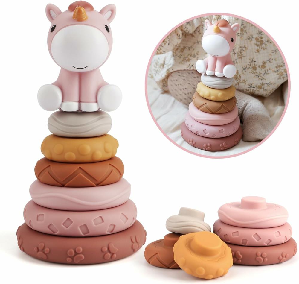 Jouets de tri et d’empilage  | 7 pièces de jouets empilables et emboîtables pour bébés, jouets de dentition à presser et cercle de construction avec figurine de cheval rose, essentiels pour nouveau-nés de 6 à 12 mois et filles de 18 mois.