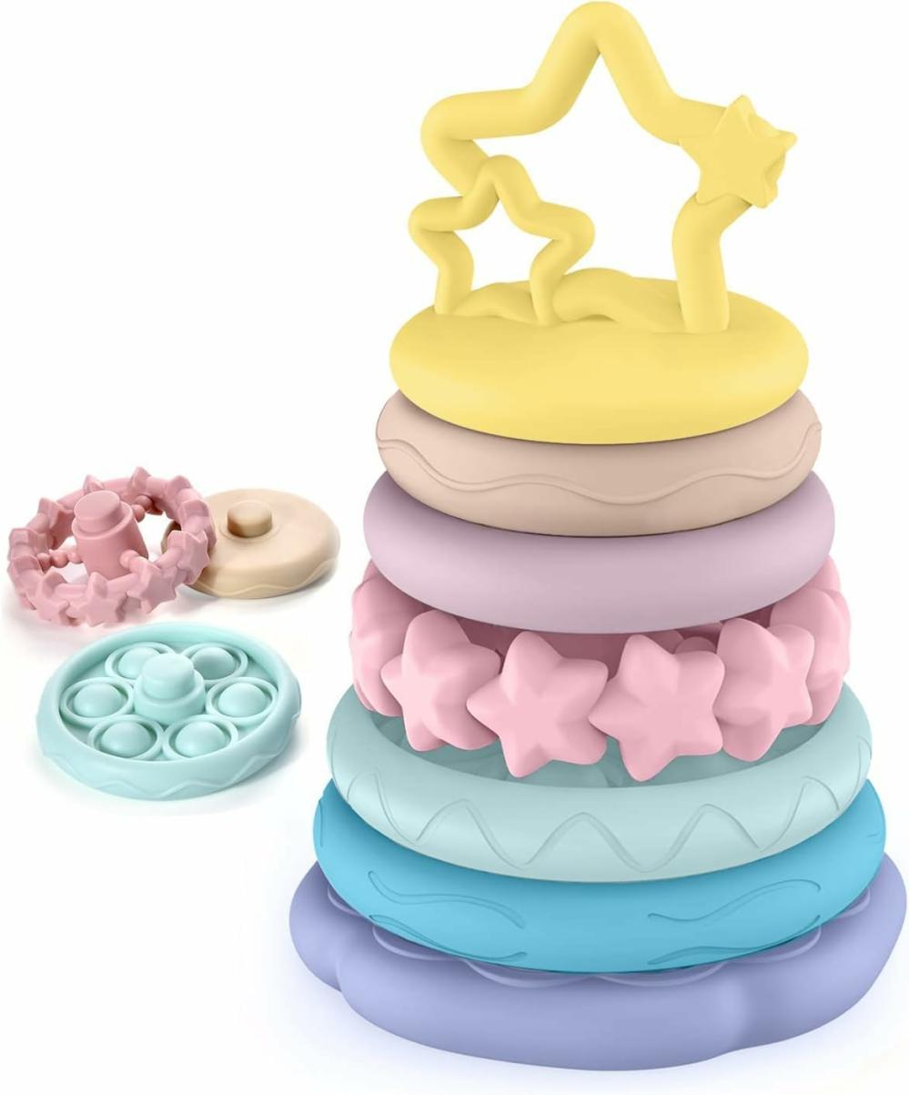 Jouets de tri et d’empilage  | 7 pièces de jouets empilables pour bébés – Jouets pour tout-petits Montessori – Anneaux sensoriels doux à empiler – Jouet de dentition pour nourrissons avec apprentissage – Essentiels pour nouveau-nés – Cadeaux pour garçons et filles de 6, 9, 12 et 18 mois, 1 an.