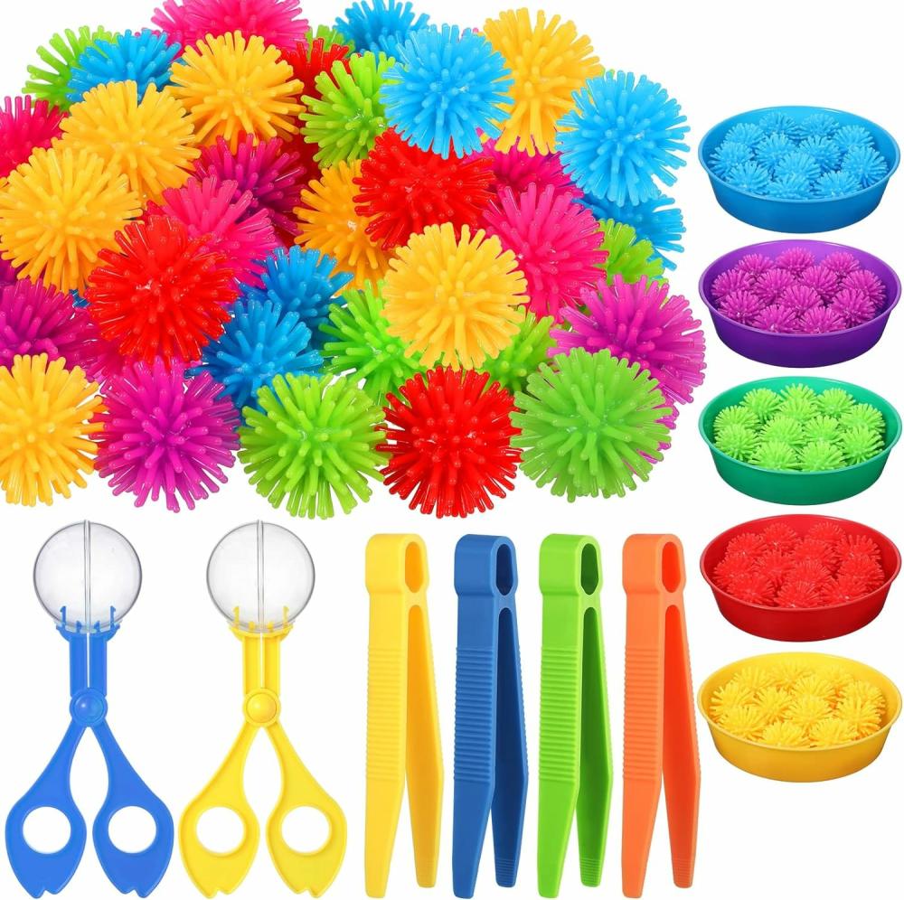 Jouets de tri et d’empilage  | 71 pièces de jouets de motricité fine, remplissage sensoriel pour le tri et le comptage, 60 balles hérissées, 4 pincettes, 2 ciseaux, 5 gobelets pour garçons et filles, éducation précoce et développement des compétences de tri et de comptage.