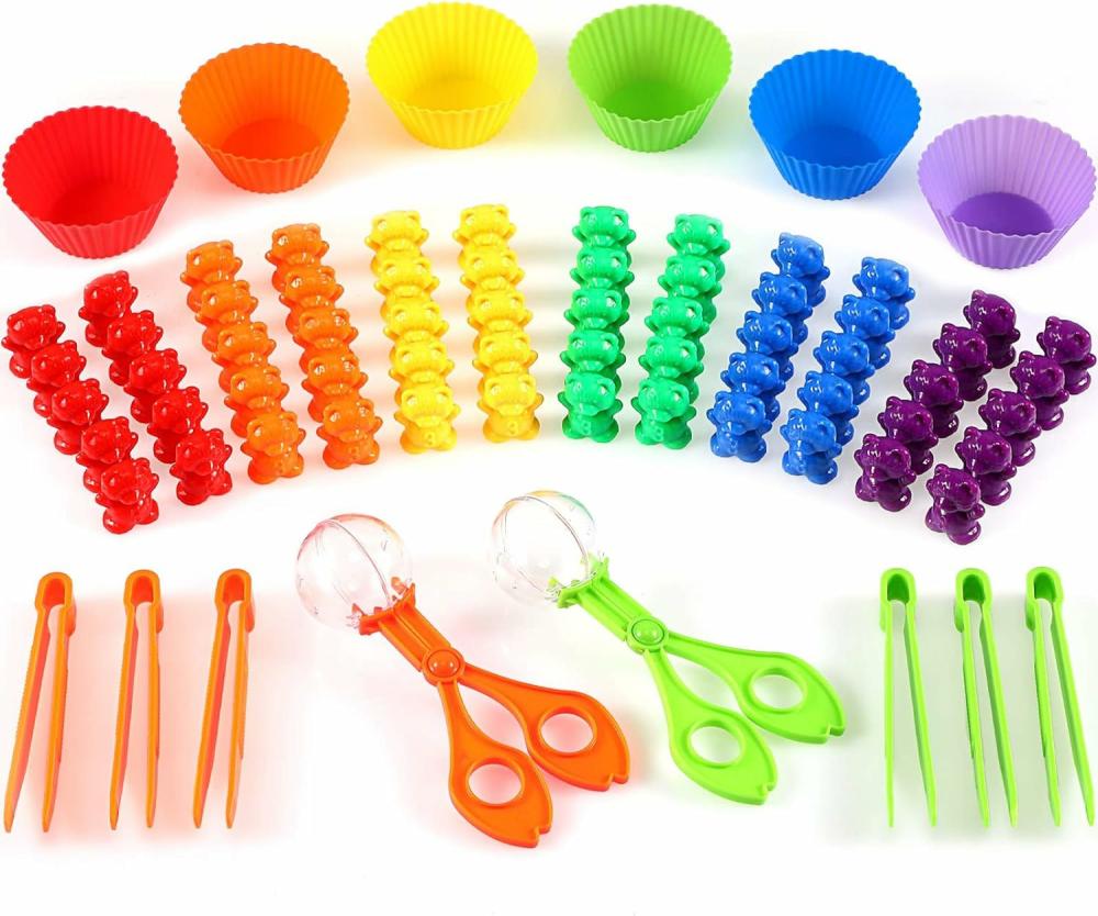 Jouets de tri et d’empilage  | 74 Pièces Ensemble de Tri de Bears pour Développement des Compétences Motrices Fines Comprend 60 Adorables Ours Arc-en-Ciel, 6 Pinceaux Jumbo, 2 Clips de Ciseaux et 6 Coupes Colorées pour Enfants de Plus de 6 Ans