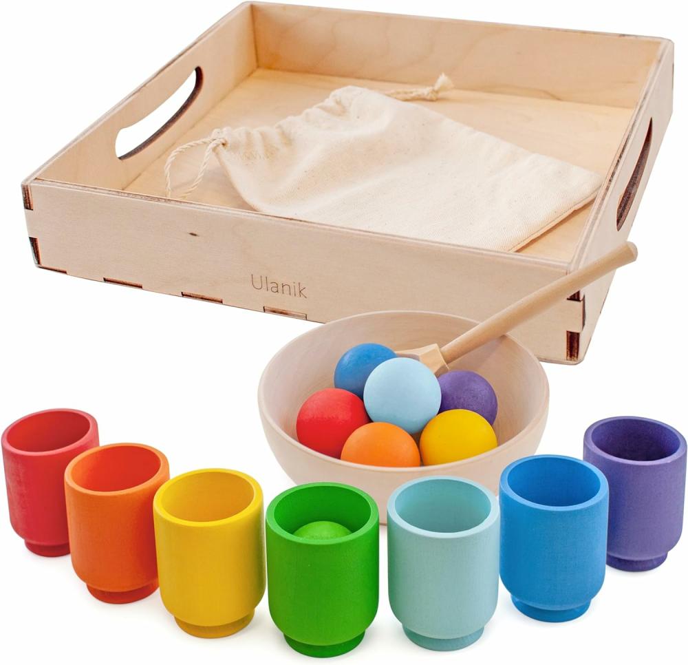 Jouets de tri et d’empilage  | Balles Arc-en-Ciel Dans Des Tasses – Jouets Montessori Pour Tout-Petits À Partir De 1 An – Jeu En Bois Pour Apprendre Le Tri Des Couleurs Et Le Comptage — 7 Balles De 3 Cm