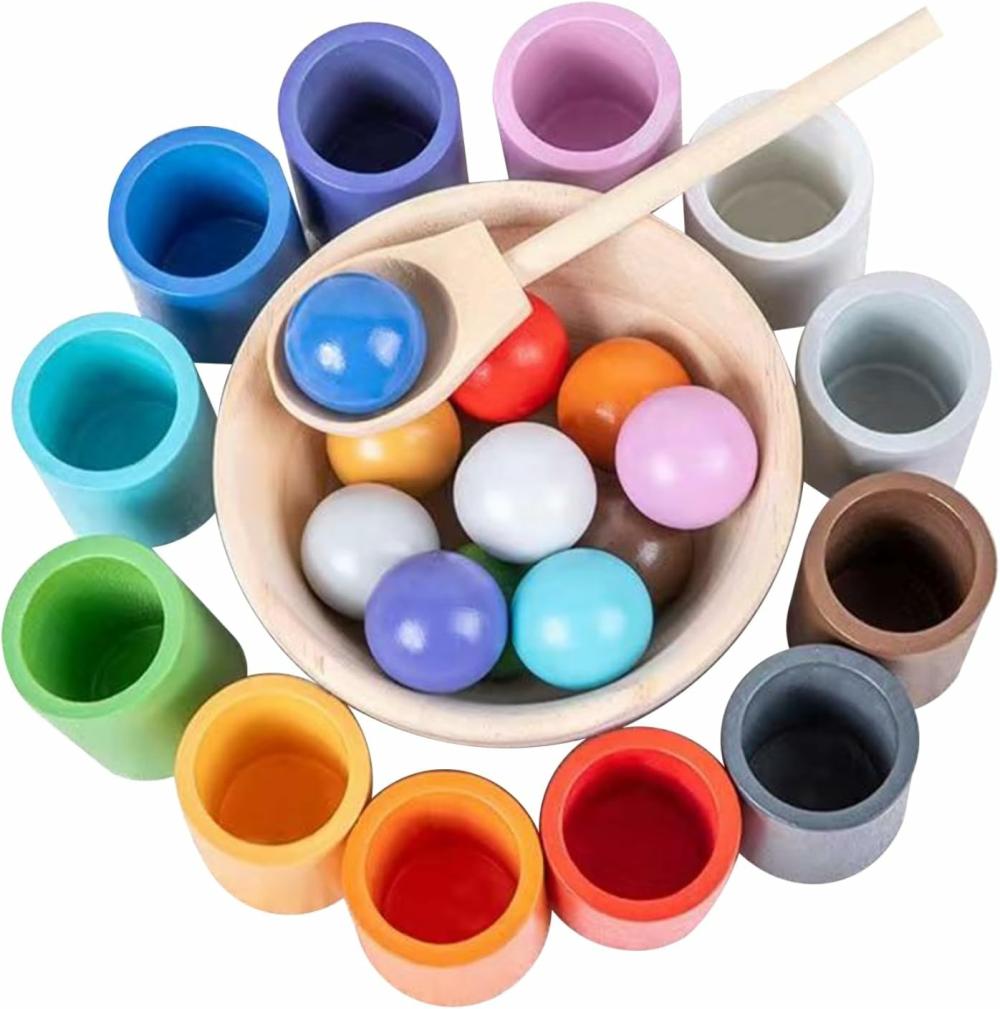 Jouets de tri et d’empilage  | Balles Arc-en-Ciel Dans Des Tasses Jouets Montessori Pour Tout-Petits À Partir De 1 An Jeux En Bois Pour L’École Maternelle Apprentissage Du Tri Des Couleurs Et Du Comptage