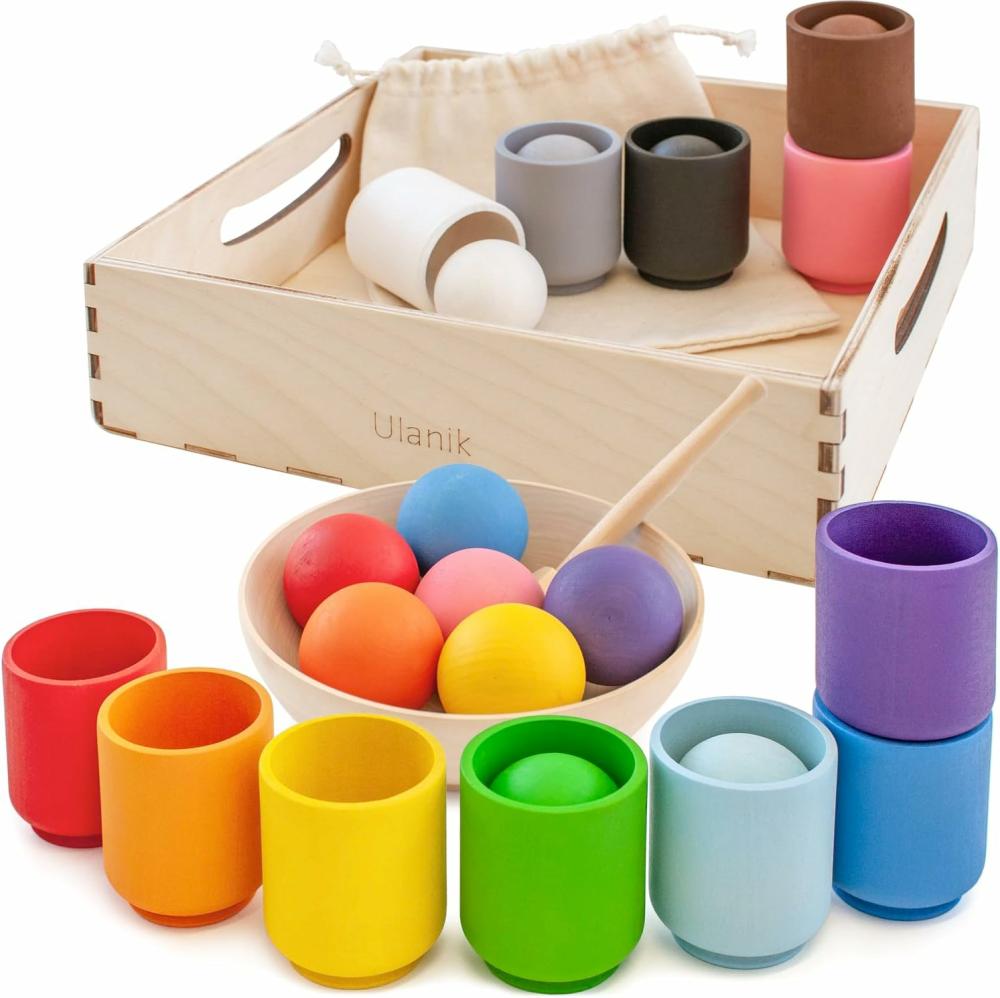 Jouets de tri et d’empilage  | Balles dans des tasses – Jouets Montessori pour tout-petits de 1 an + Jeux en bois pour enfants d’école maternelle pour apprendre le tri des couleurs et le comptage.