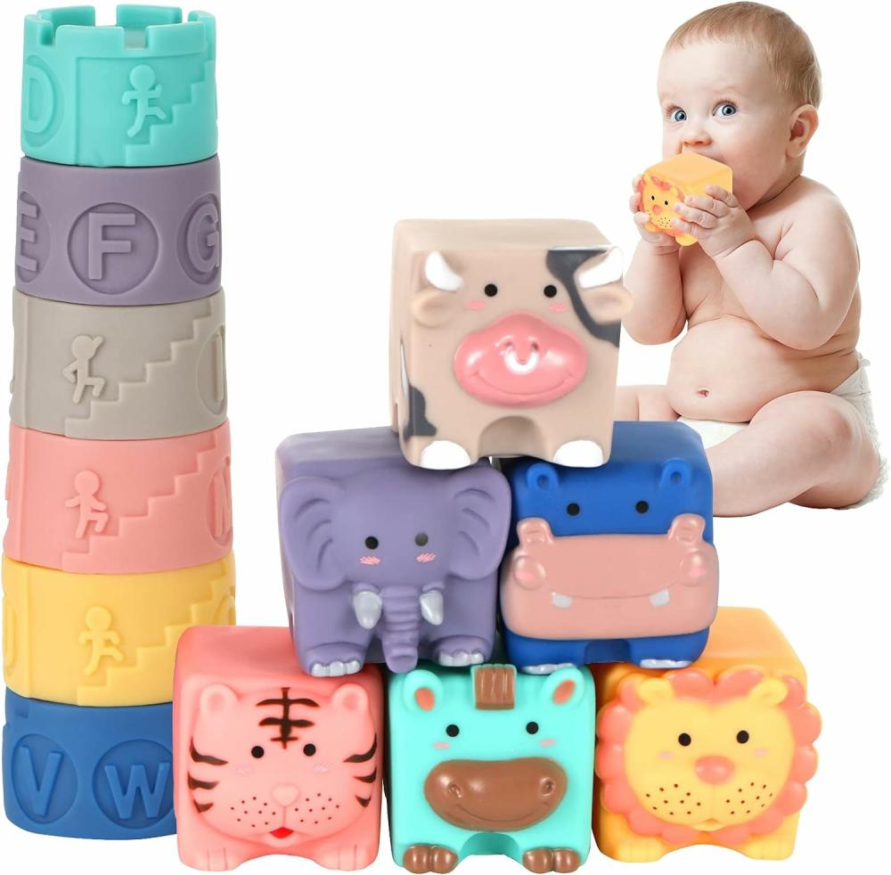 Jouets de tri et d’empilage  | Blocs de bébé doux 6 à 12 mois et plus – Jouets empilables sensoriels pour bébés – Jouet de bain pour bébés – Tasses empilables pour nourrissons – Blocs de construction pour garçons et filles – Jouet de dentition – Gymnastique d’activité – Ensemble de blocs à presser animaux 12 pièces