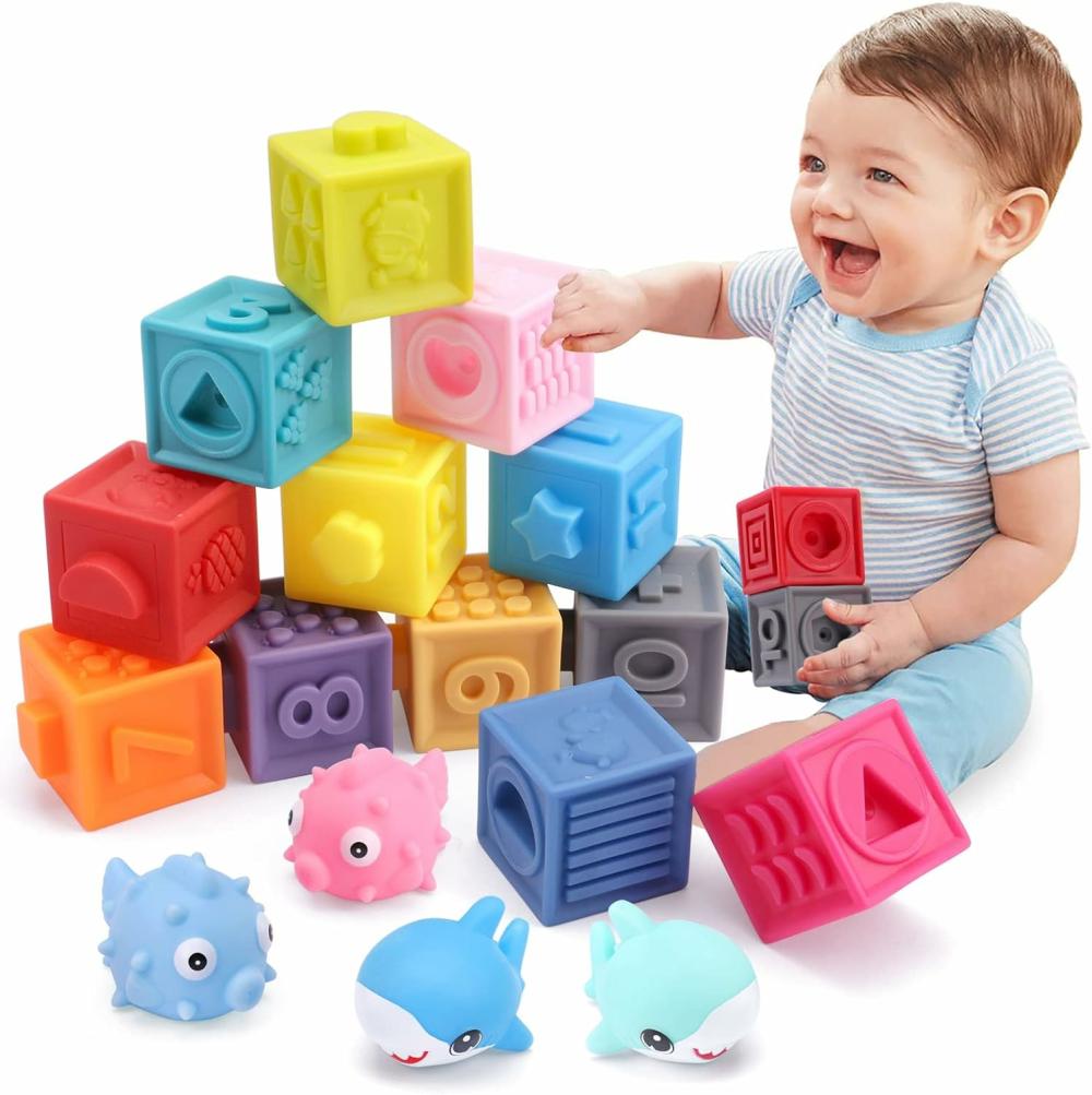 Jouets de tri et d’empilage  | Blocs de construction doux pour bébés – 16 pièces – Blocs empilables pour tout-petits de 1 à 3 ans – Jouets de dentition et sensoriels pour bébés de 6, 9, 10, 12 et 18 mois – Jouets éducatifs pour le développement des garçons et des filles de 1 à 3 ans.