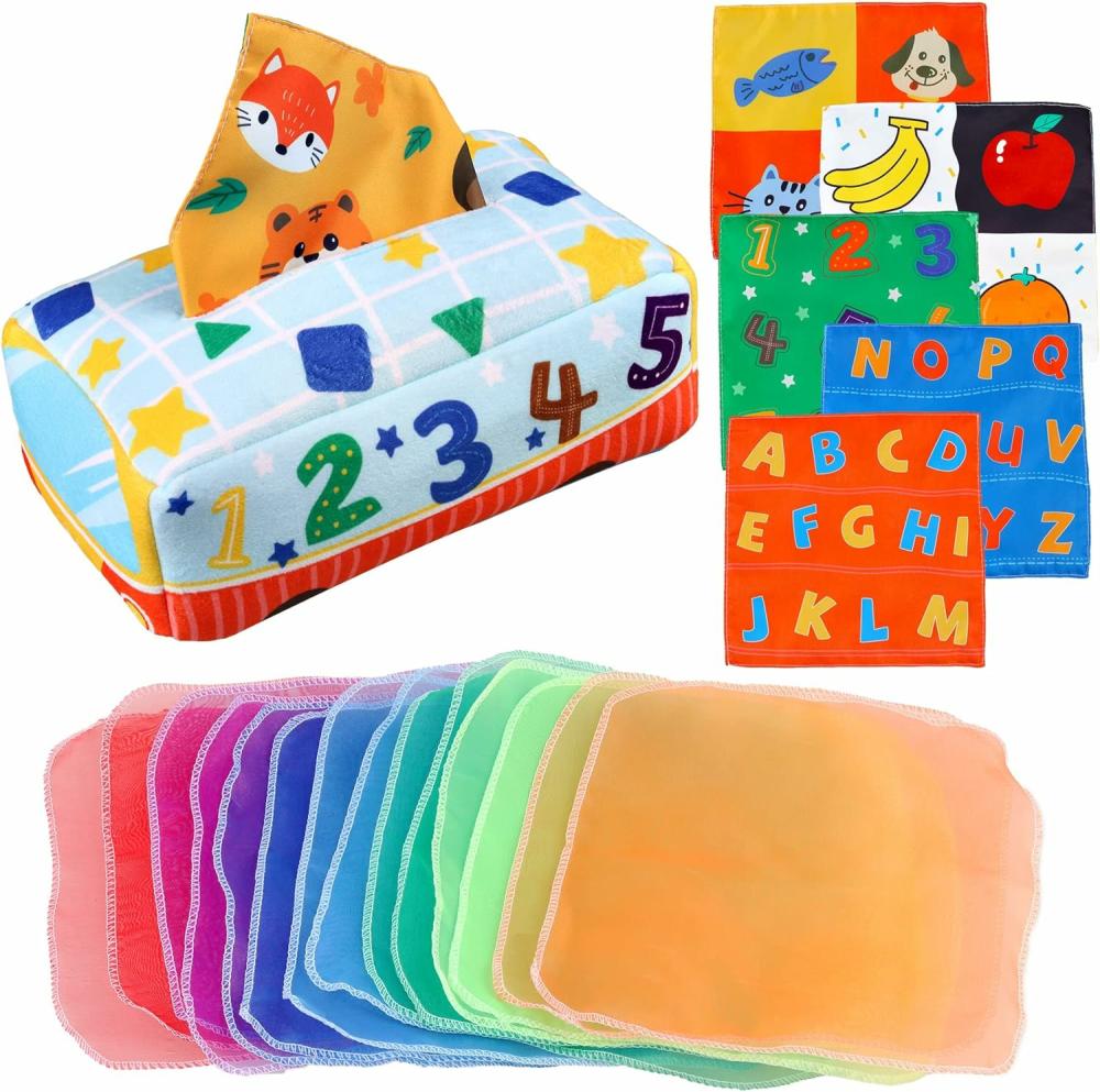 Jouets de tri et d’empilage  | Boîte à mouchoirs sensorielle pour bébé – Jouets Montessori pour bébés de 0 à 18 mois – Cadeaux pour nourrissons de 1, 2, 3 ans – Jouets de contraste élevé pour nouveau-nés, jouets froissés éducatifs pour activités d’apprentissage des tout-petits.