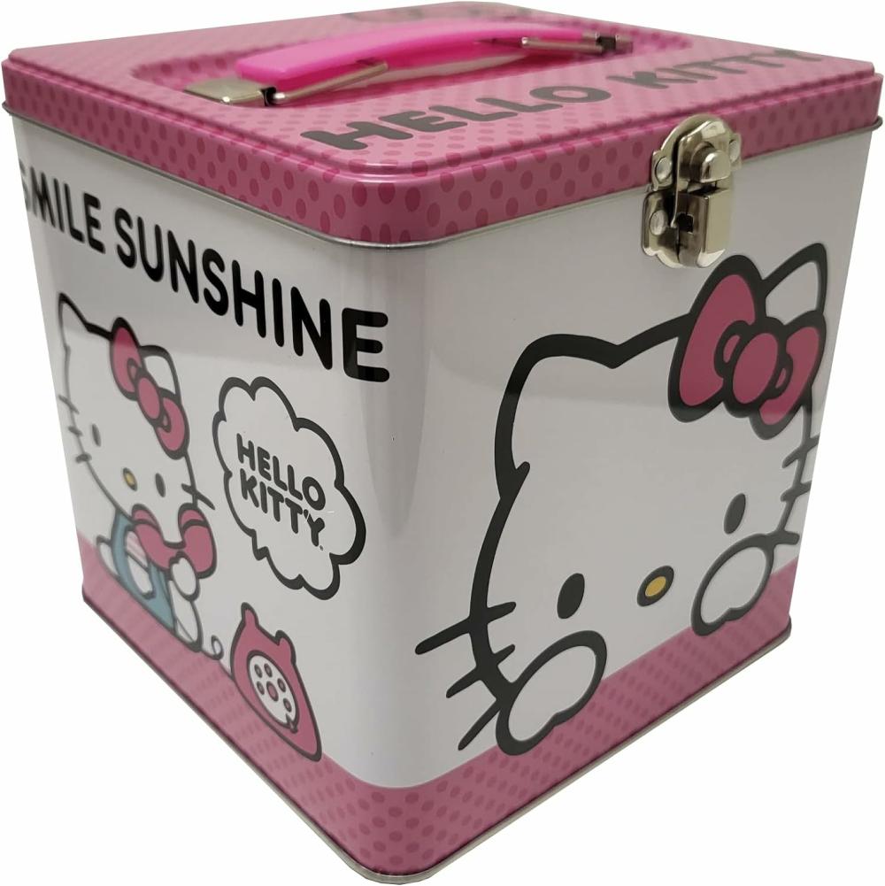 Jouets de tri et d’empilage  | Boîte empilable Hello Kitty à transporter. Boîte en métal empilable avec poignée, boîte de rangement rose et blanche, hauteur de 5,75 pouces, fermoir et charnière sur le couvercle.