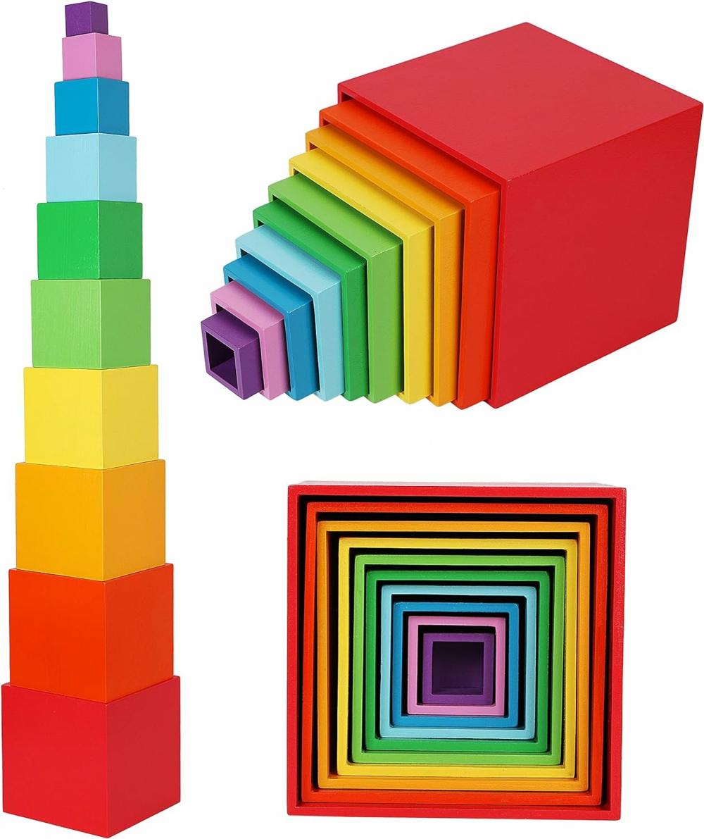 Jouets de tri et d’empilage  | Boîtes empilables en bois Towo – Couleurs arc-en-ciel – Tasses et blocs de tri et d’emboîtement pour tout-petits – Cubes empilables jouets éducatifs pour enfants de 2 ans – Matériel Montessori