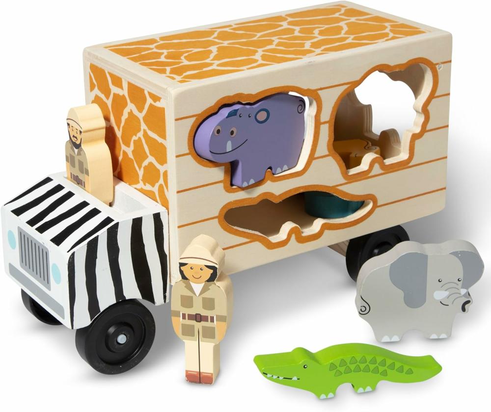 Jouets de tri et d’empilage  | Camion de tri d’animaux sauvés – Jouet en bois avec 7 animaux et 2 figurines – Jouets de véhicule pour tout-petits