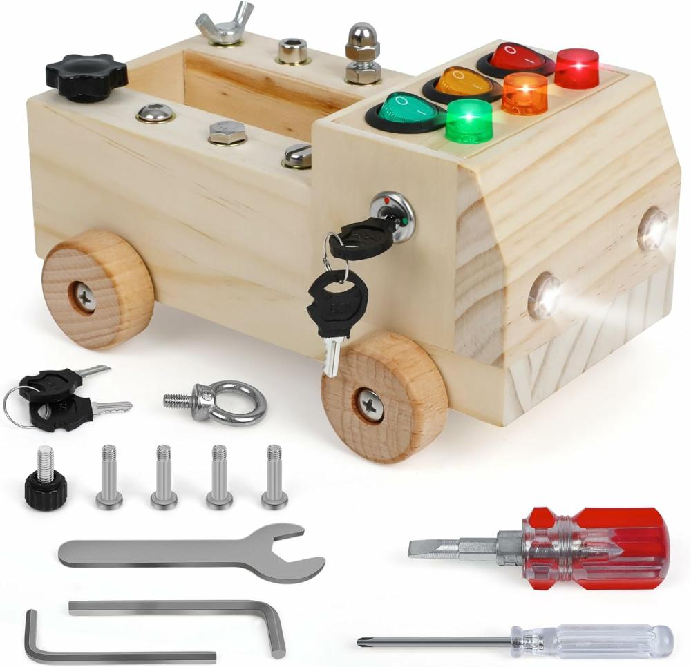 Jouets de tri et d’empilage  | Camion en bois Montessori Tableau d’activités pour tout-petits – Outil éducatif pour le développement des compétences motrices fines en maternelle avec tournevis, lumières, interrupteurs, clé, bouton – Jouet sensoriel éducatif en bois Montessori pour enfants