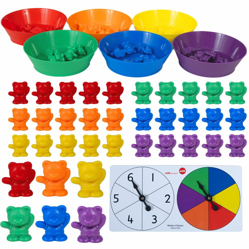 Jouets de tri et d’empilage  | Compter des ours avec des bols assortis – Manipulatives mathématiques précoces – Ensemble de 68 pièces – 60 compteurs d’ours, 6 bols et 2 roulettes de jeu – Apprentissage à domicile