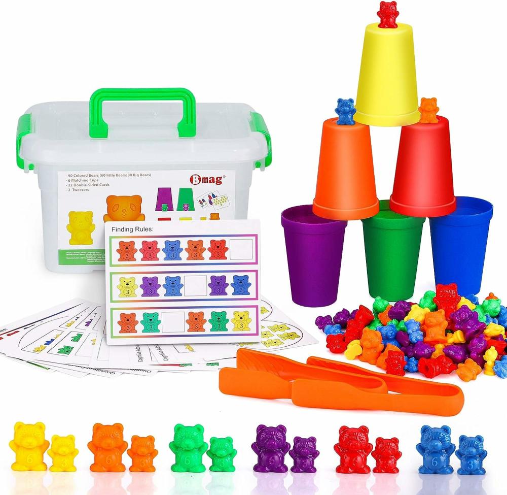 Jouets de tri et d’empilage  | Compter des ours avec des tasses de tri assorties, jouet éducatif STEM de reconnaissance des couleurs des nombres pour les tout-petits, jouet d’apprentissage pour la maternelle avec 90 ours, 2 pinces, 11 cartes d’activités, 1 boîte de rangement.