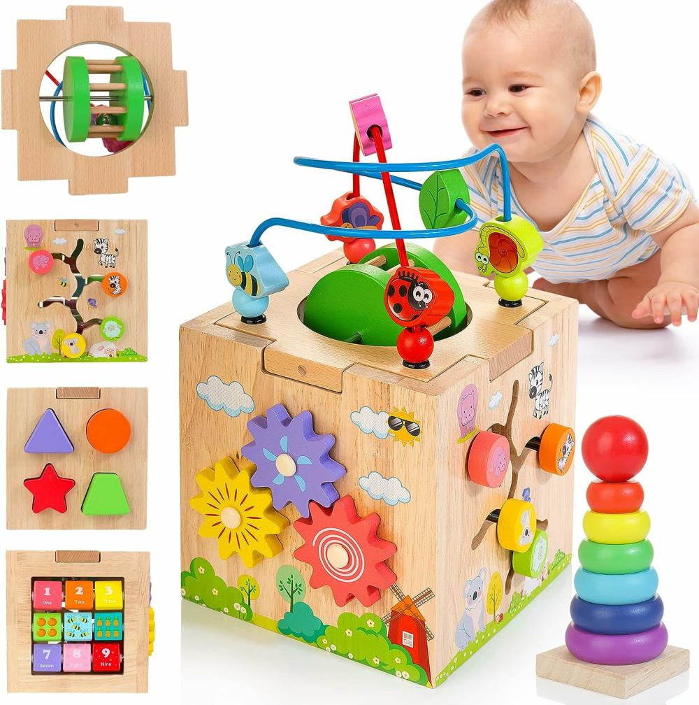 Jouets de tri et d’empilage  | Cube d’activités 8-en-1 en bois, jouets Montessori pour enfants de 1 an et plus, labyrinthe de perles, jouets éducatifs de tri de formes, jouets bonus de tri et d’empilage pour tout-petits de 12 mois et plus, emballage cadeau.