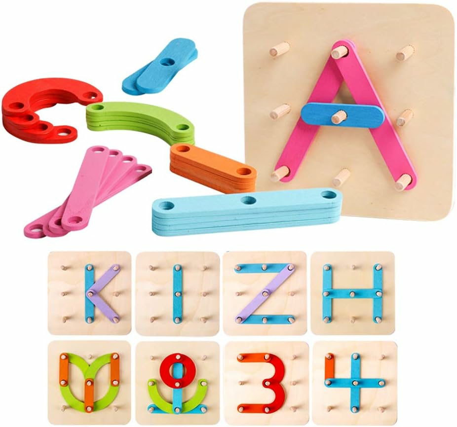 Jouets de tri et d’empilage  | Ensemble d’activités de construction en lettres et chiffres en bois – Jouets éducatifs pour la maternelle – Set de tri de formes et de couleurs avec tableau à picots – Blocs empilables pour enfants, garçons et filles.