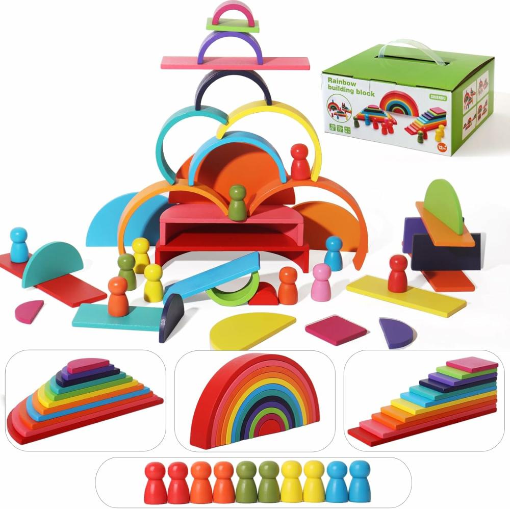 Jouets de tri et d’empilage  | Ensemble de blocs de construction en bois arc-en-ciel de 45 pièces – Jouets d’activité et de développement précoce pour les préscolaires – Jouets Montessori pour enfants de 3 à 6 ans et plus – Cadeaux pour garçons et filles.