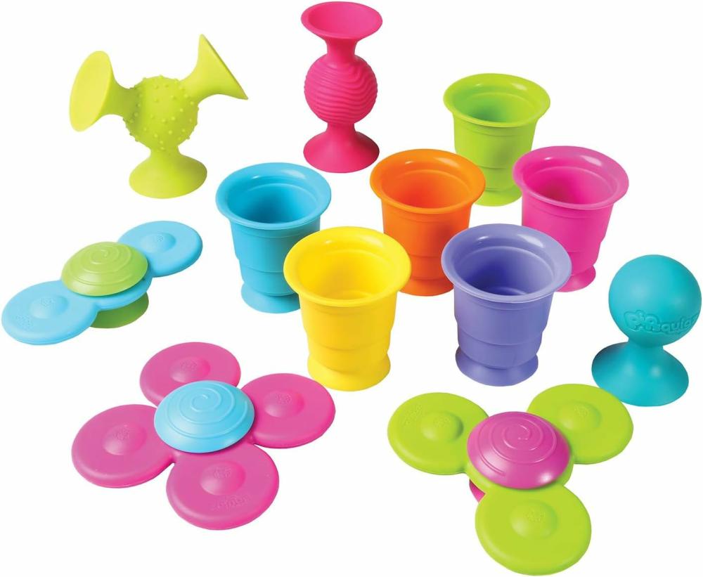 Jouets de tri et d’empilage  | Ensemble de jouets à ventouse Fat Brain – 3 Pipsquigz, 3 Whirly Squigz, toupies anti-stress, 6 Kupz, gobelets empilables pour bébés, ensemble de jouets sensoriels sans BPA dans un sac de rangement zippé.