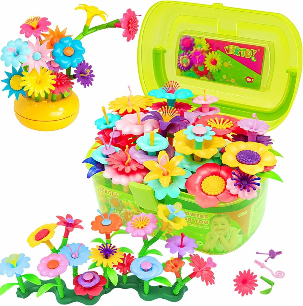 Jouets de tri et d’empilage  | Ensemble de jouets de construction de jardin de fleurs pour filles de 3 à 6 ans – Jouets éducatifs STEM et cadeau d’anniversaire pour filles de 3 ans et plus – 143 pièces