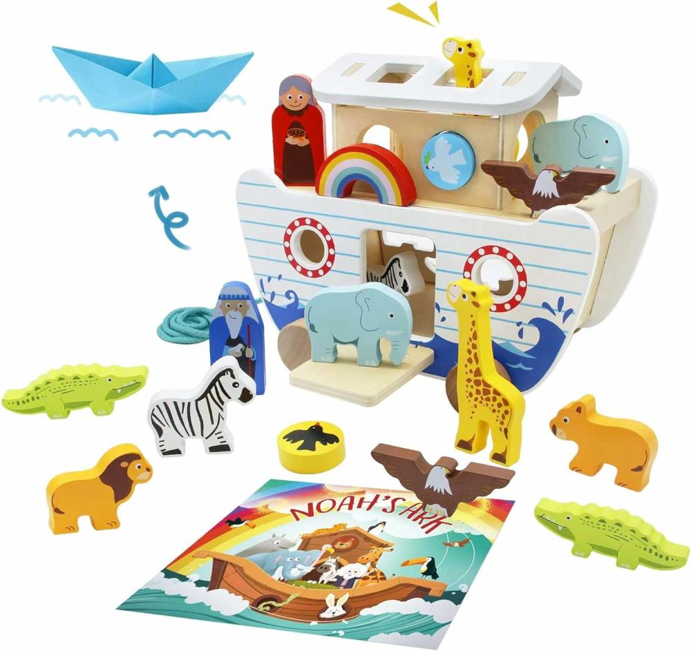 Jouets de tri et d’empilage  | Ensemble de jouets en bois Arche de Noé – Jouets éducatifs en bois pour tout-petits – Jouet éducatif de tri de formes Montessori – Engagement dans l’histoire biblique & cadeau parfait pour le baptême et la christening pour les 2-4 ans.