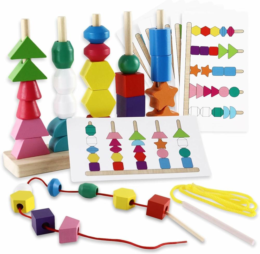 Jouets de tri et d’empilage  | Ensemble de jouets Montessori avec perles de séquençage, blocs en bois empilables, perles à enfiler et empileur de formes assorties. Jouets éducatifs Montessori pour l’apprentissage préscolaire, cadeaux pour les enfants de 2 à 5 ans.