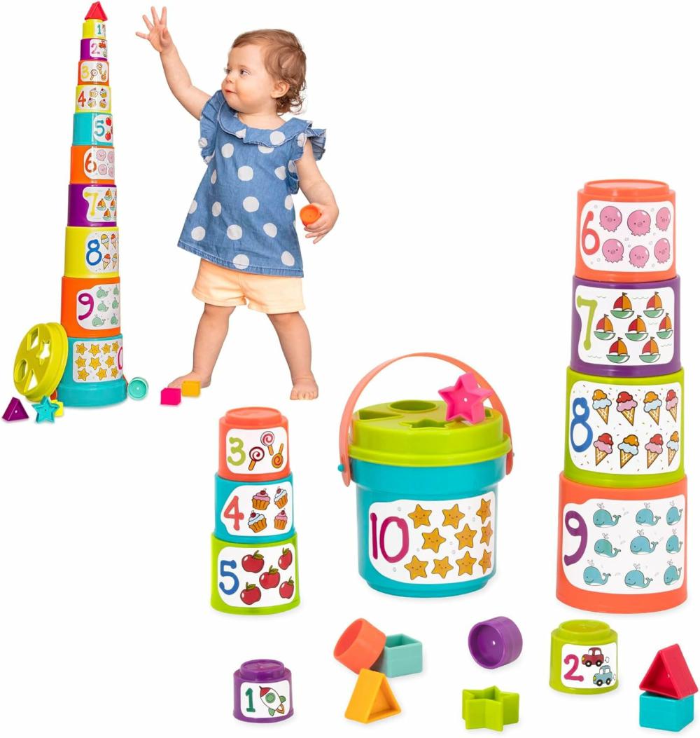 Jouets de tri et d’empilage  | Ensemble de tri par empilage – Ensemble de seaux empilables de 19 pièces – 10 tasses et 8 formes – Jouets éducatifs et de dextérité – À partir de 18 mois – Trier et empiler