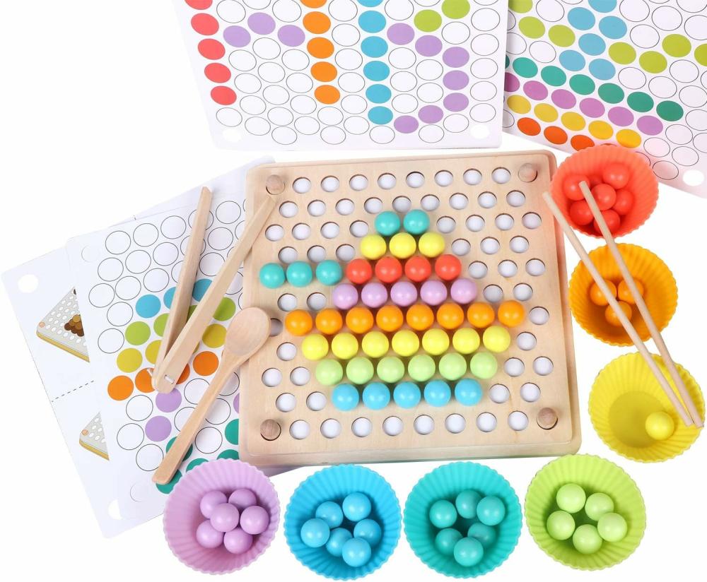 Jouets de tri et d’empilage  | Jeu de perles en bois avec tableau à chevilles – Jouets Montessori d’apprentissage, jouets de tri de couleurs, empilage et correspondance pour tout-petits, jouet de comptage pour enfants, jeux éducatifs pour la motricité fine et les mathématiques – Cadeau pour filles et garçons.