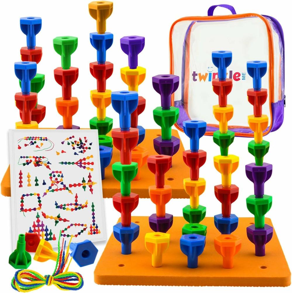 Jouets de tri et d’empilage  | Jeu de société Pegs Jumbo Pack | 48 Pions + 2 Plateaux & Sac de rangement avec poignée facile à transporter. Pour le développement des compétences motrices, le tri, le comptage, la reconnaissance des couleurs, la thérapie occupationnelle pour les tout-petits et les enfants d’âge préscolaire.